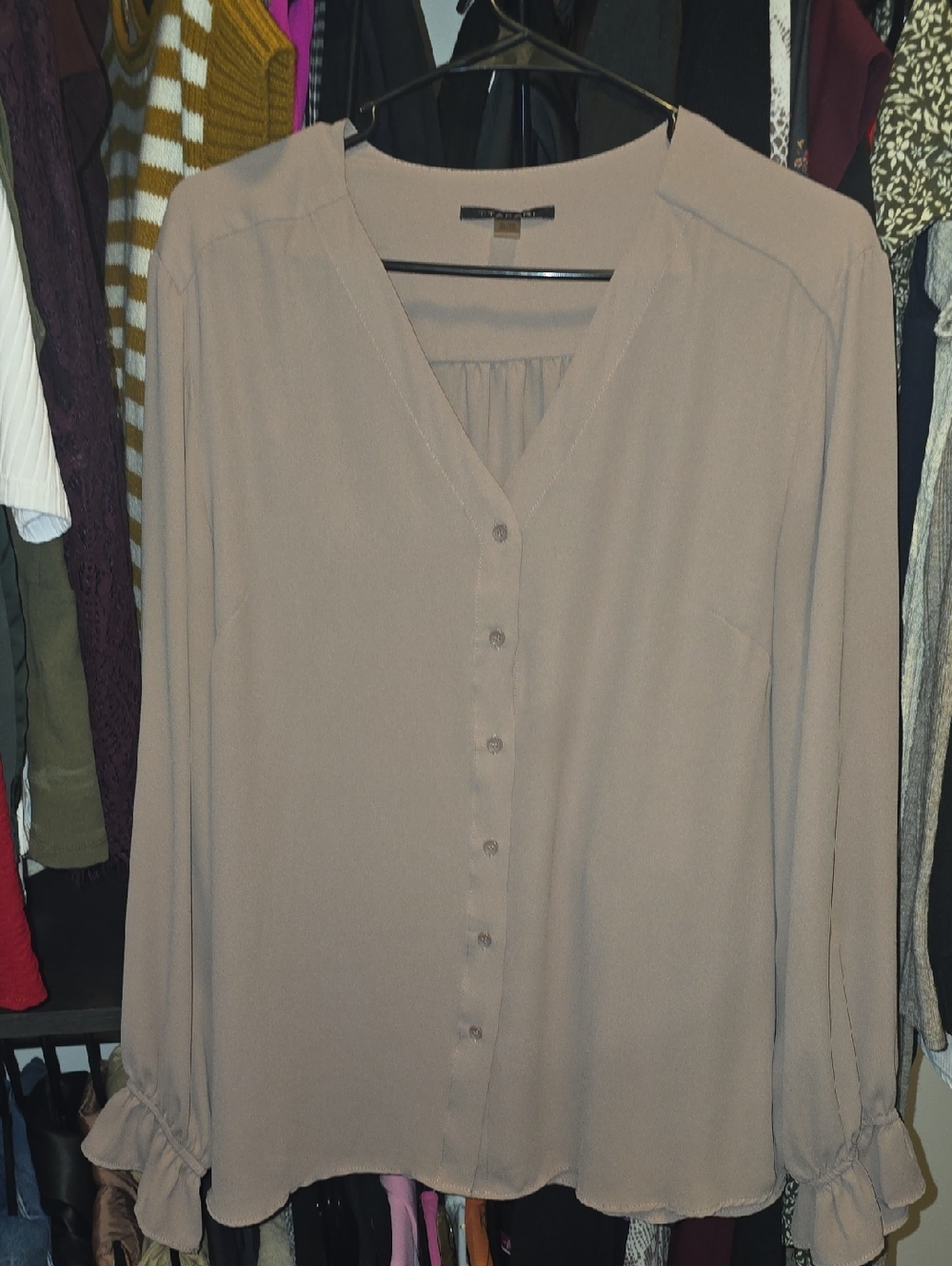 Womens Dusty Rose V-Neck Button Front Blouse